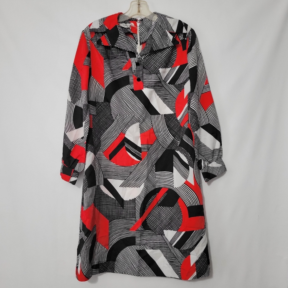 Vintage Fashioned By Patty Abstract Geometric Dress Red Black White Medium